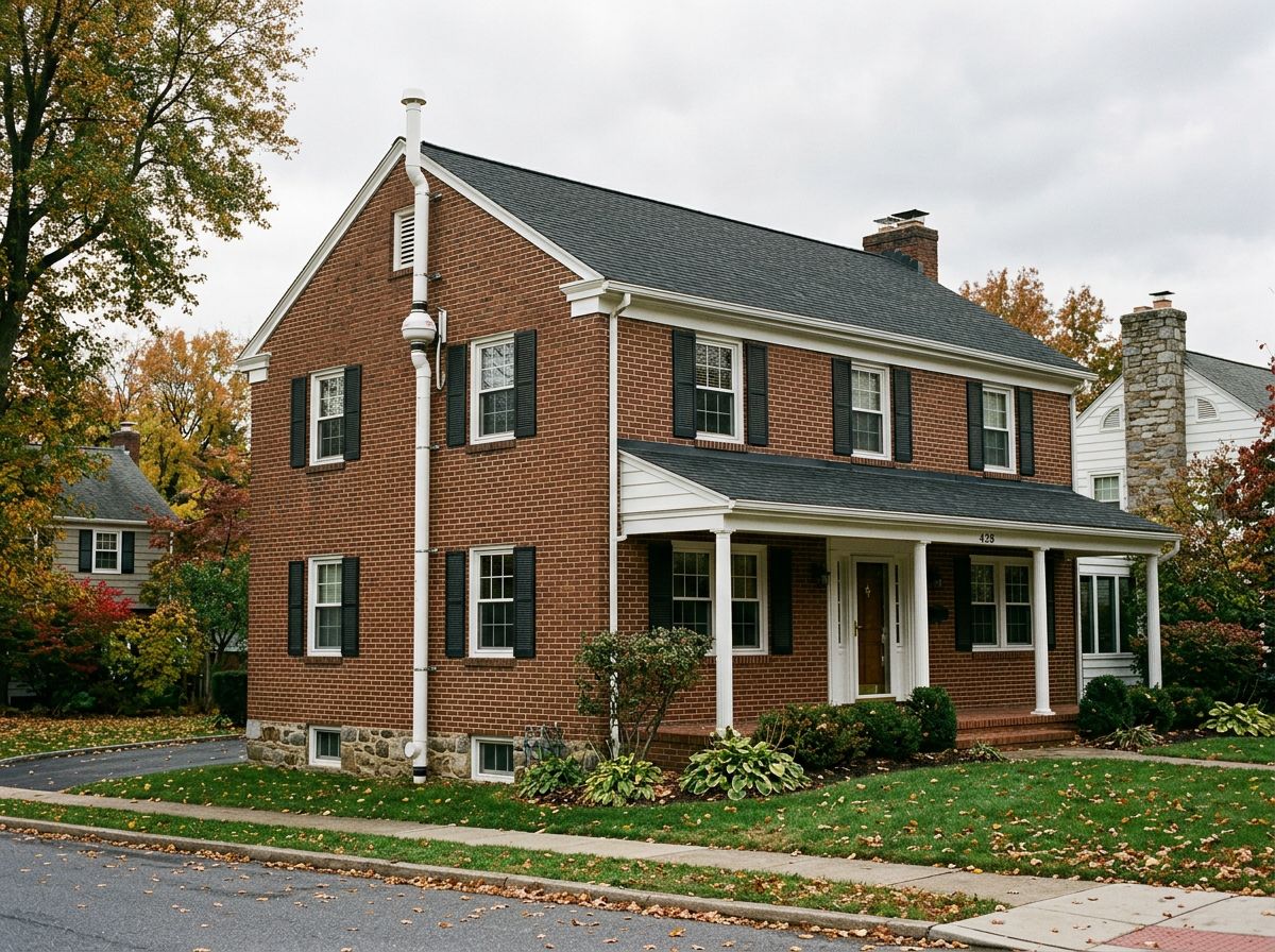 Exterior radon mitigation fan and PVC discharge stack on a Berks County home